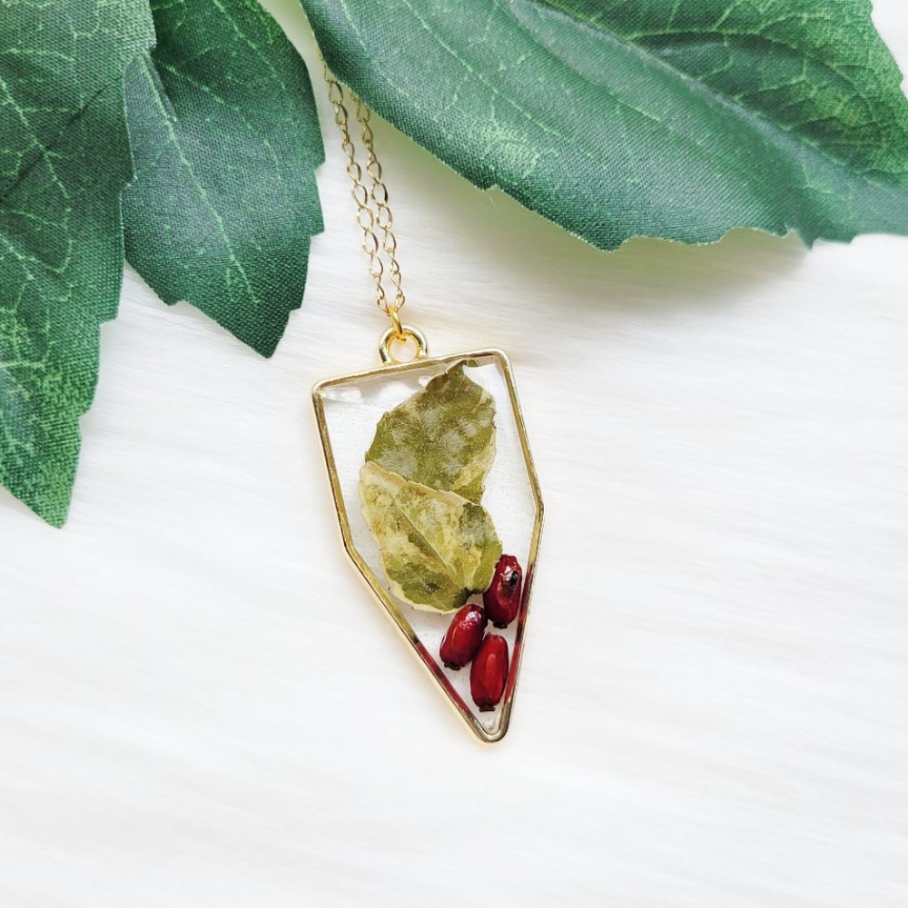 Handnade Pendant Necklace Green Red and Gold Pressed Dried Leaves and Berries